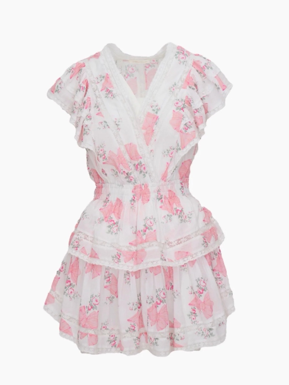 LoveShackFancy Gwen Dress White and Pink Floral Tiered Ruffle Dress